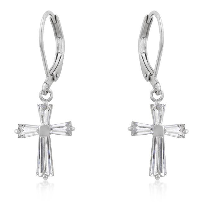 Cubic Zirconia Silvertone Finish Cross Earrings