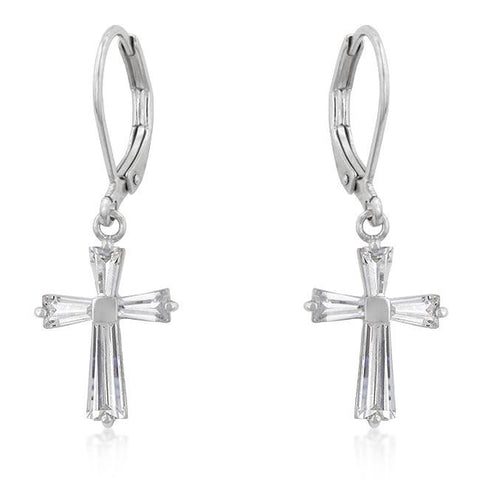 Cubic Zirconia Silvertone Finish Cross Earrings