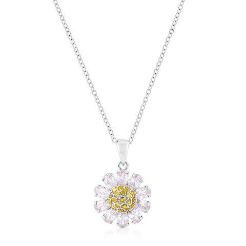 Silvertone Purple And Yellow Cubic Zirconia Floral Pendant