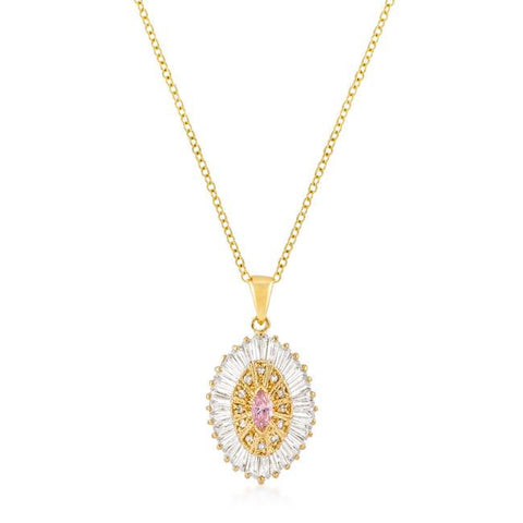 Goldtone Pink And Clear Cz Oval Halo Pendant