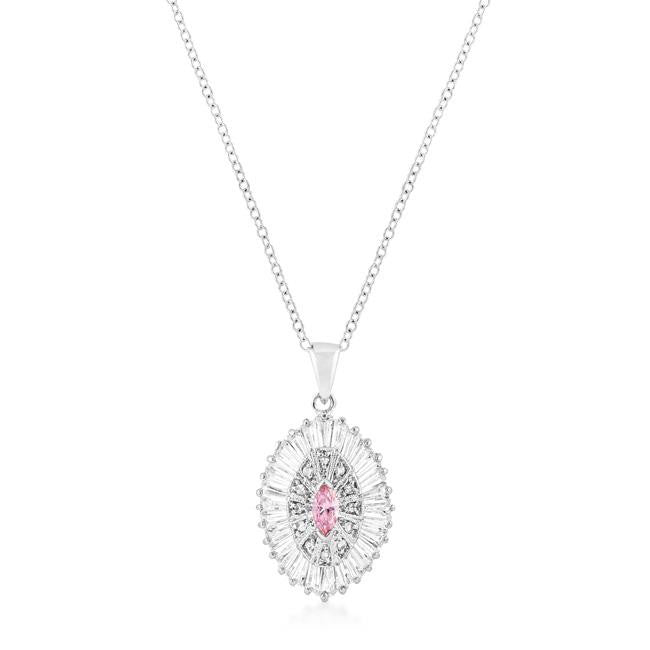 Silvertone Pink and Clear CZ Oval Halo Pendant