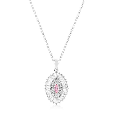 Silvertone Pink And Clear Cz Oval Halo Pendant