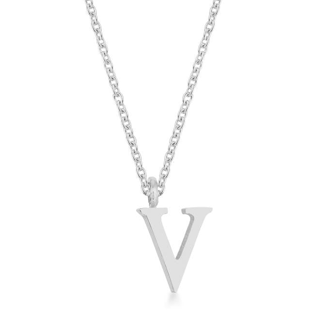 Elaina White Gold Rhodium Stainless Steel V Initial Necklace