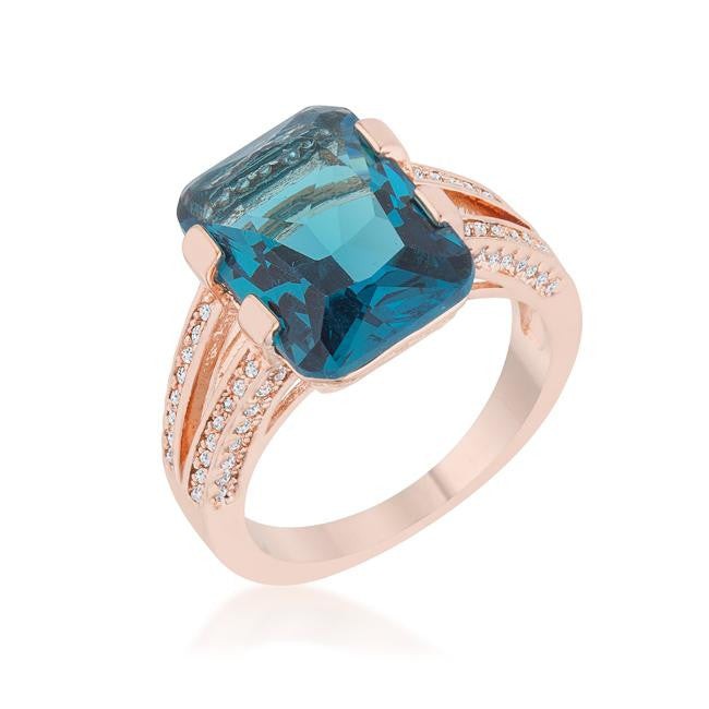 Rema 8.6ct Aqua CZ Rose Gold Emerald Classic Cocktail Ring, <b>Size 5</b>