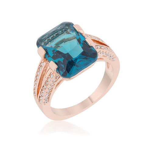 Rema 8.6ct Aqua CZ Rose Gold Emerald Classic Cocktail Ring, <b>Size 5</b>