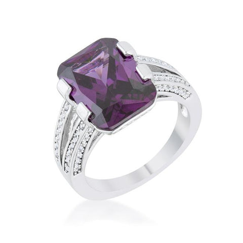 Rema 8.6ct Amethyst CZ Rhodium Emerald Classic Cocktail Ring, <b>Size 5</b>