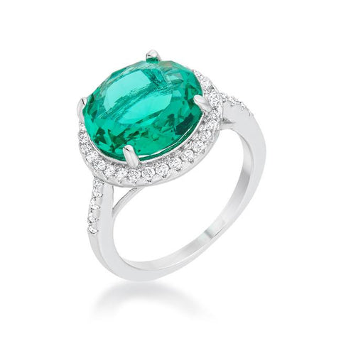Emie 7.3ct Blue Green CZ Rhodium Classic Ring, <b>Size 5</b>