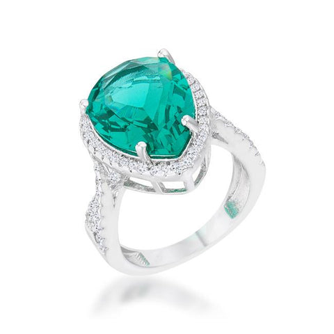 Laura 9.9ct Blue Green CZ Rhodium Classic Teardrop Ring, <b>Size 5</b>