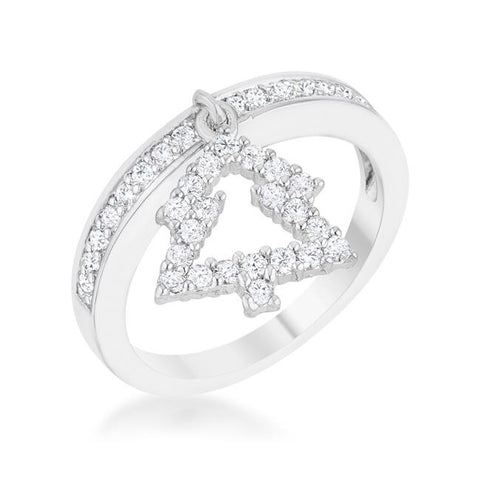 Christmas Tree 0.3ct CZ Rhodium Simple Holiday Charm Band Ring, <b>Size 5</b>