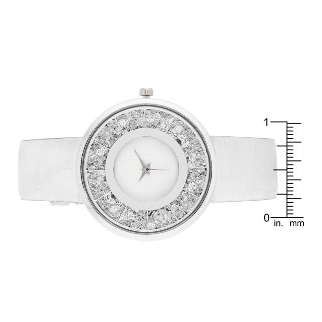 Silver Leather Watch With Crystals